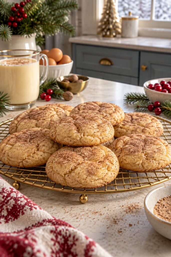 Soft eggnog snickerdoodle cookies rolled in nutmeg sugar cooling on a wire rack