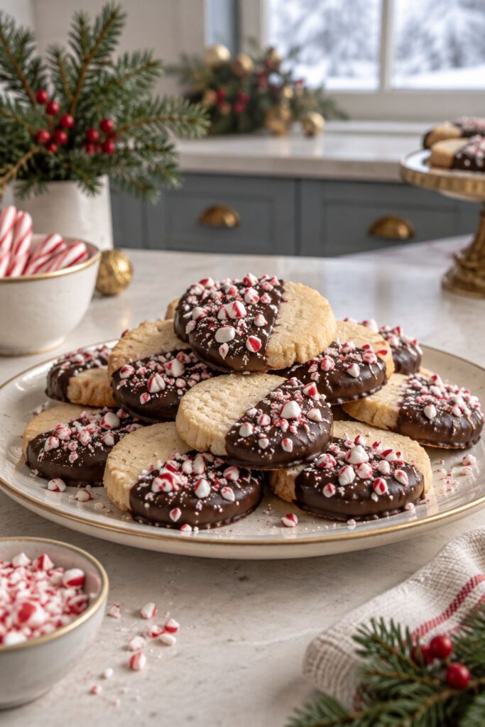 Peppermint bark shortbread cookies dipped in dark chocolate and crushed candy cane