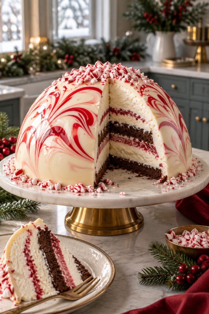 Large domed white chocolate peppermint bombe with one slice removed showing striped interior