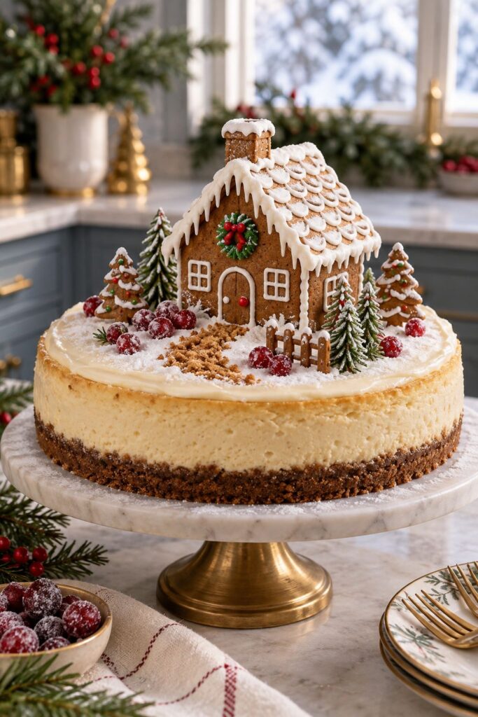 Cheesecake decorated to look like a miniature gingerbread house with iced roof shingles