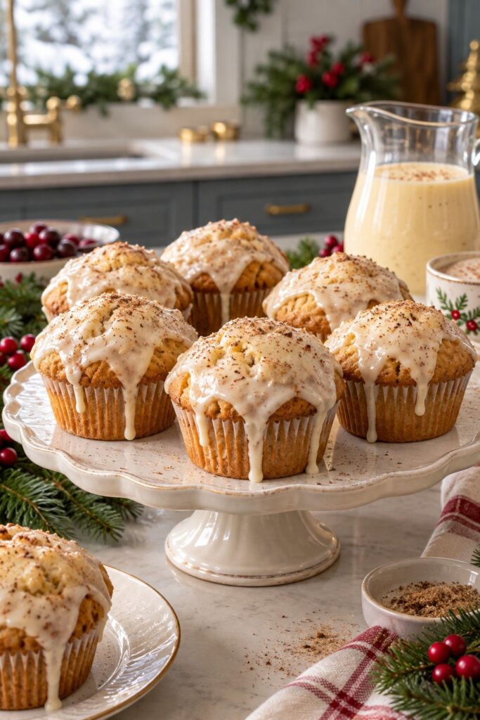 Domed eggnog muffins with white glaze dripping down the sides dusted with nutmeg