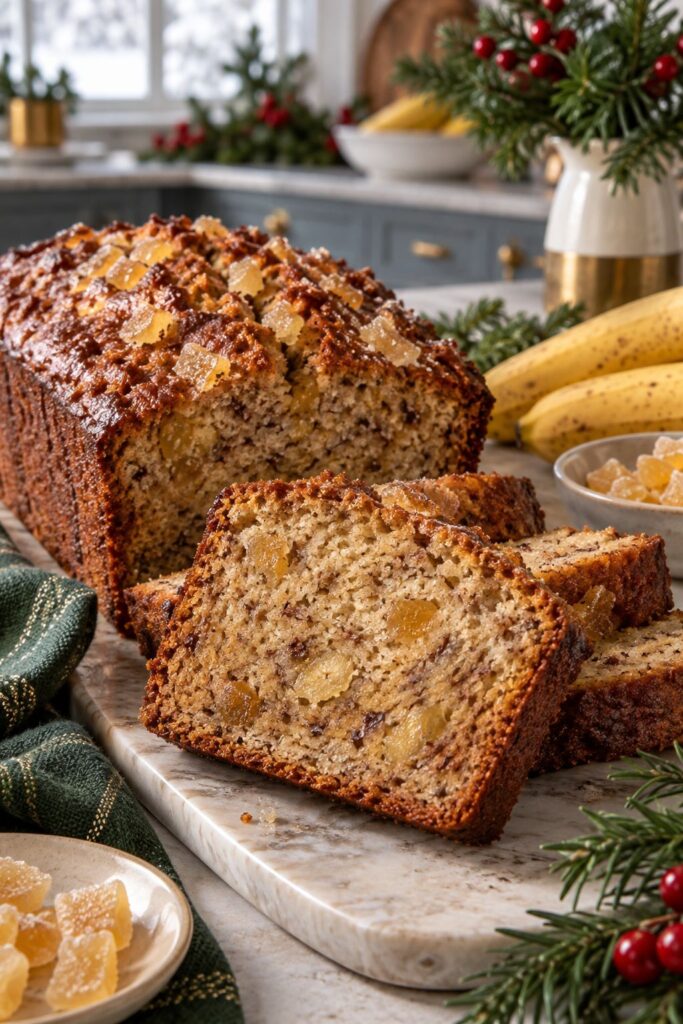 Banana bread studded with chunks of candied ginger with a slice cut and standing up
