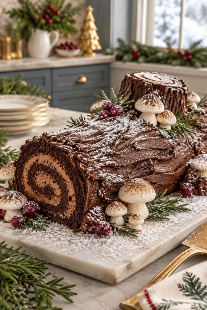 Elaborate chocolate Yule log cake decorated with meringue mushrooms and powdered sugar snow