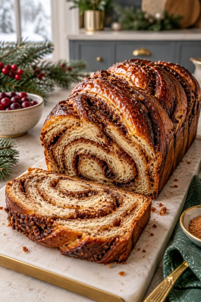 Braided cinnamon swirl babka loaf glazed and glossy on top