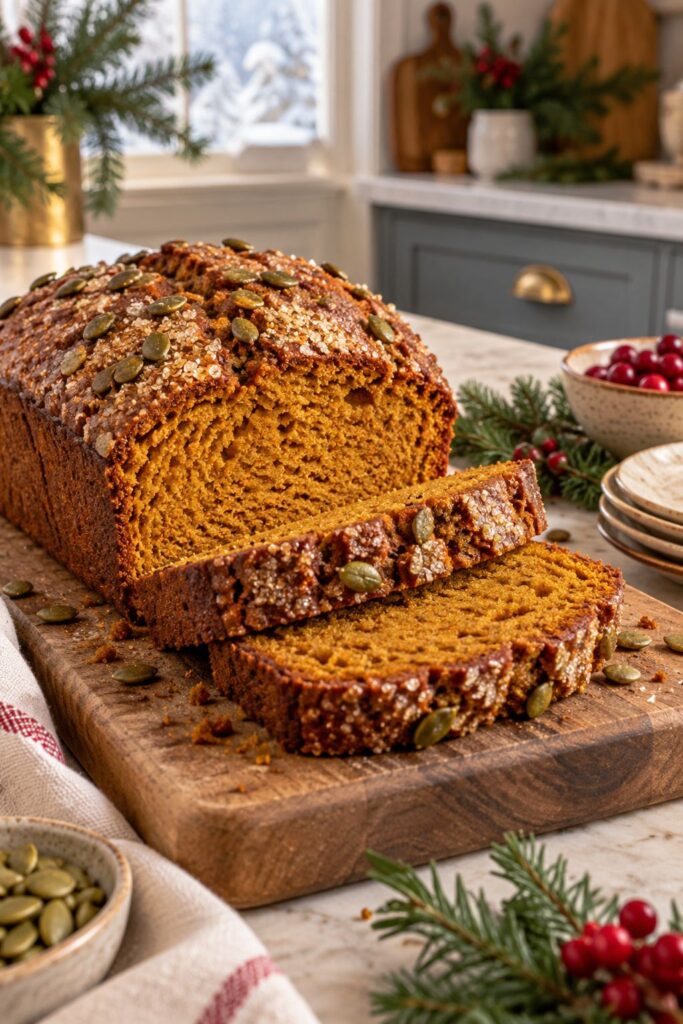 Spiced pumpkin loaf with a crackled sugar crust sliced on a cutting board