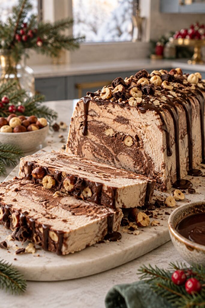 Sliced chocolate hazelnut semifreddo loaf drizzled with chocolate sauce