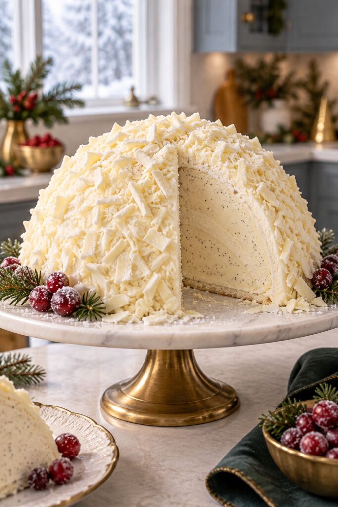 Dome shaped vanilla bean ice cream bombe coated in shaved white chocolate