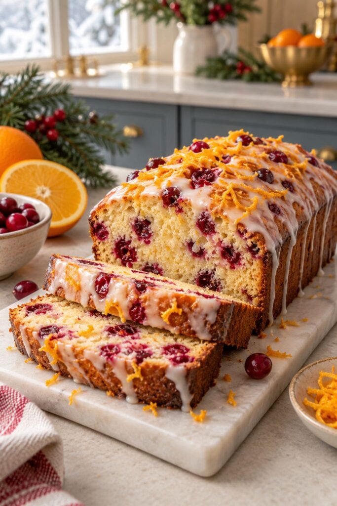 Sliced cranberry orange quick bread with orange glaze drizzle and zest curls