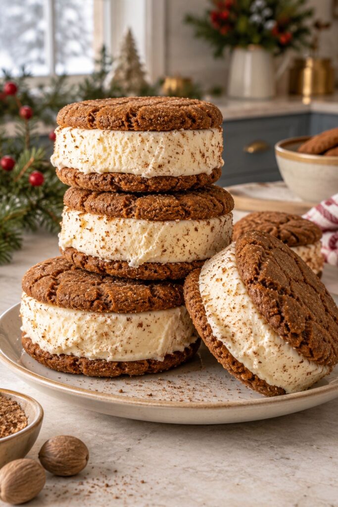 Eggnog ice cream sandwiched between two gingersnap cookies rolled in nutmeg