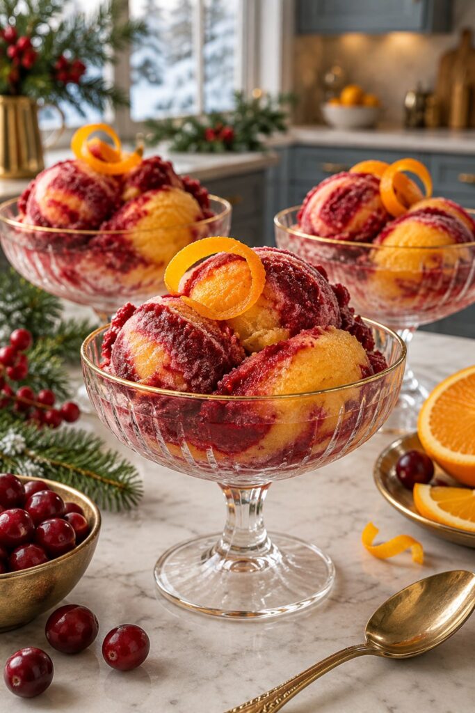Cranberry orange sorbet swirl scooped into a glass bowl with a mint sprig