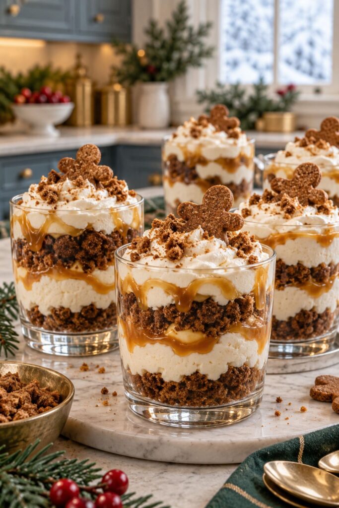Layered frozen gingerbread parfaits in clear glasses with whipped cream and caramel