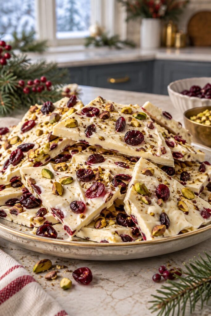 White chocolate bark studded with dried cranberries and pistachios broken into shards