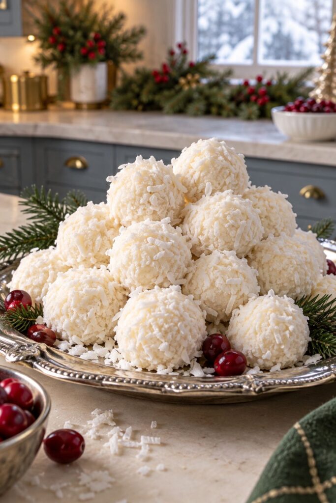 White fluffy coconut snowball bites arranged on a silver tray