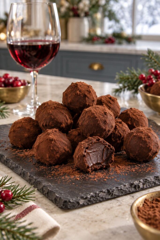 Red wine chocolate truffles dusted with cocoa on a slate board