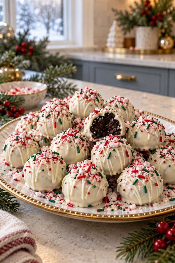 Peppermint Oreo truffles dipped in white chocolate with red and green sprinkles