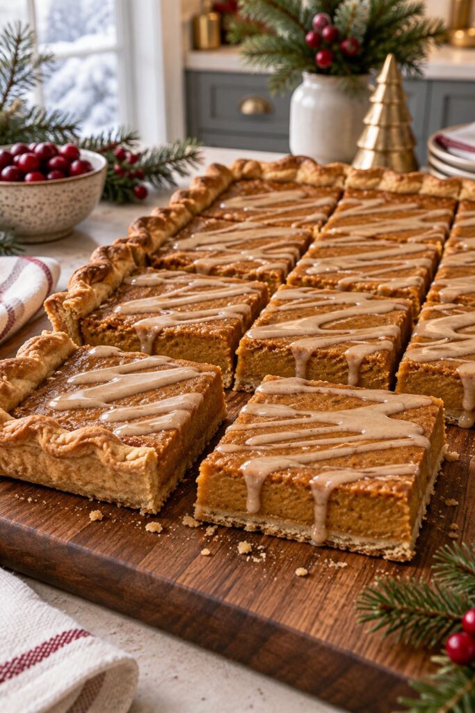 Maple pumpkin slab pie cut into squares with maple glaze drizzle