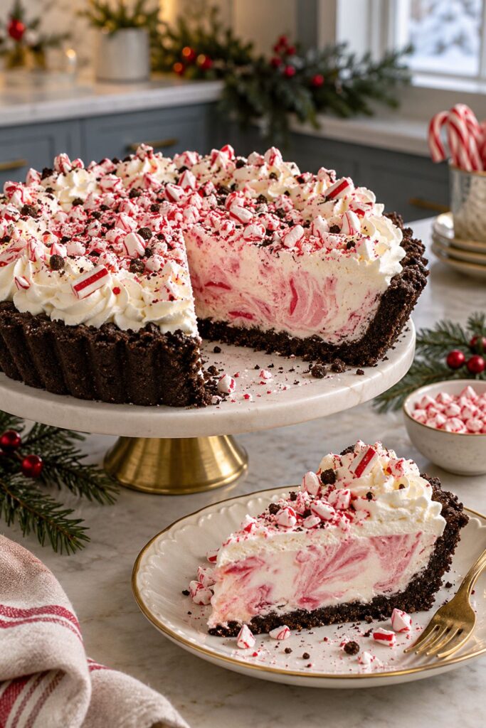 Frozen peppermint pie in a chocolate cookie crust topped with crushed candy cane