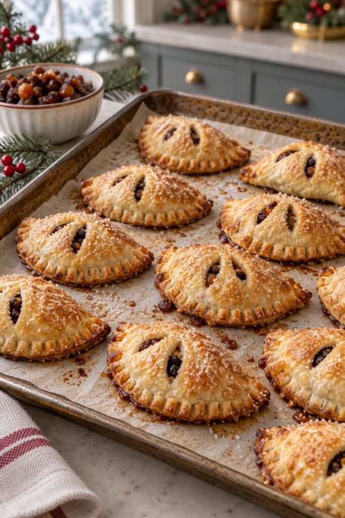Mini mincemeat hand pies with vented tops dusted with sugar on a baking sheet