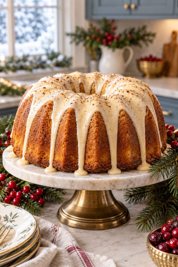 Golden eggnog bundt cake with rum glaze dripping down the ridges