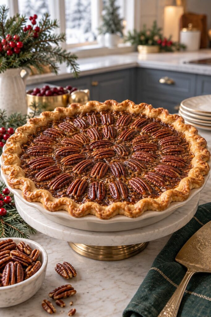 Bourbon pecan pie with glossy filling and pecans arranged in circles on top