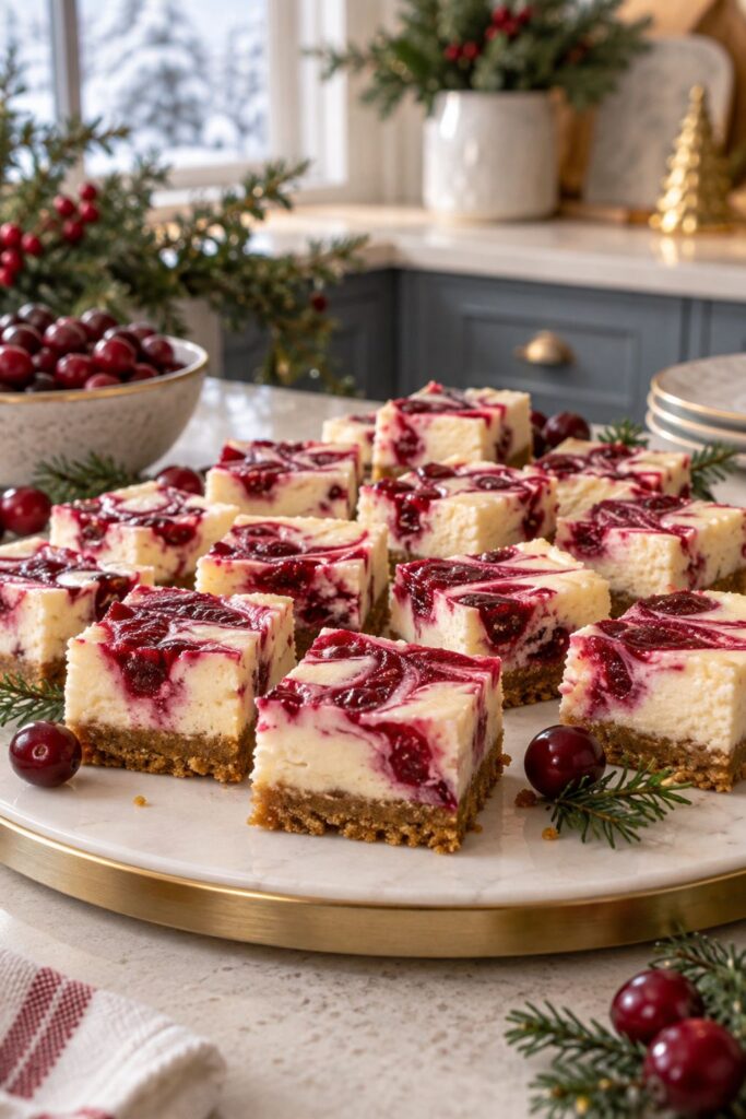 Cranberry swirl cheesecake bites with a ruby red sauce ribbon