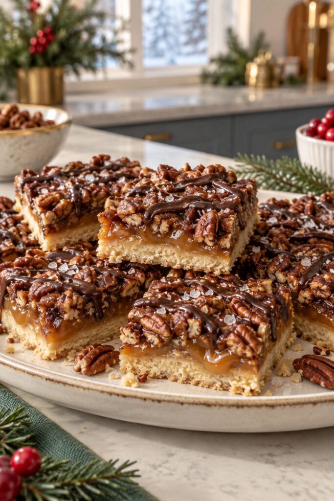 Salted caramel turtle bars with pecans and chocolate drizzle cut into squares
