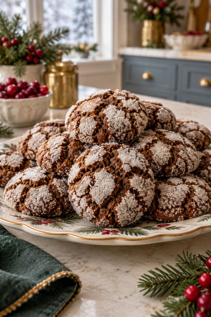 Spiced molasses crinkle cookies rolled in sugar with cracked tops