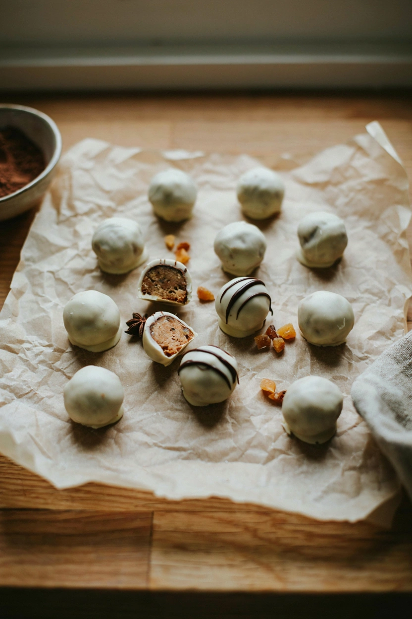 Gingerbread cookie dough truffles dipped in white chocolate on a holiday platter