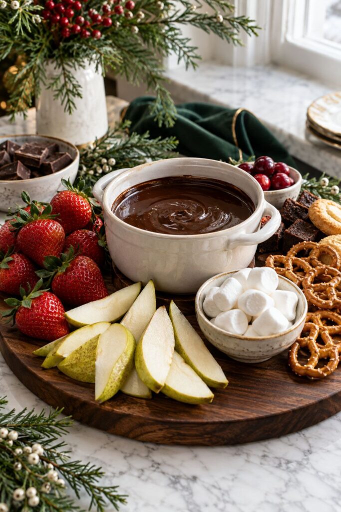 Dark chocolate fondue board lit by candlelight