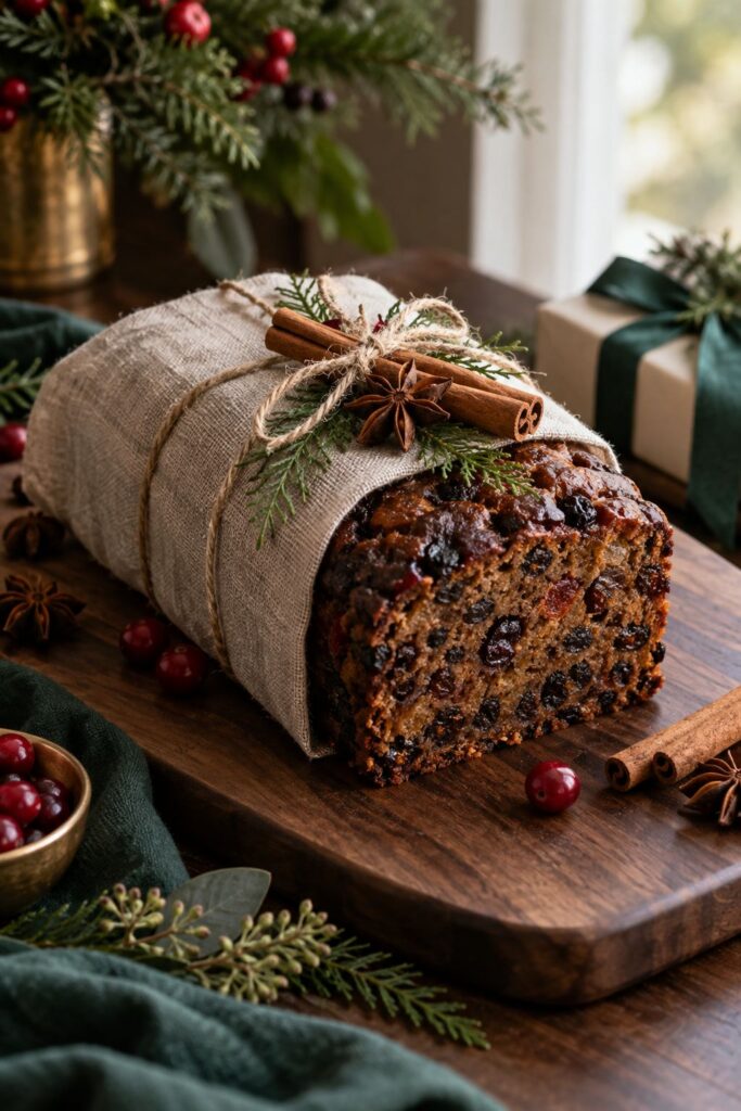 Linen-wrapped spiced fruit cake with cinnamon sticks