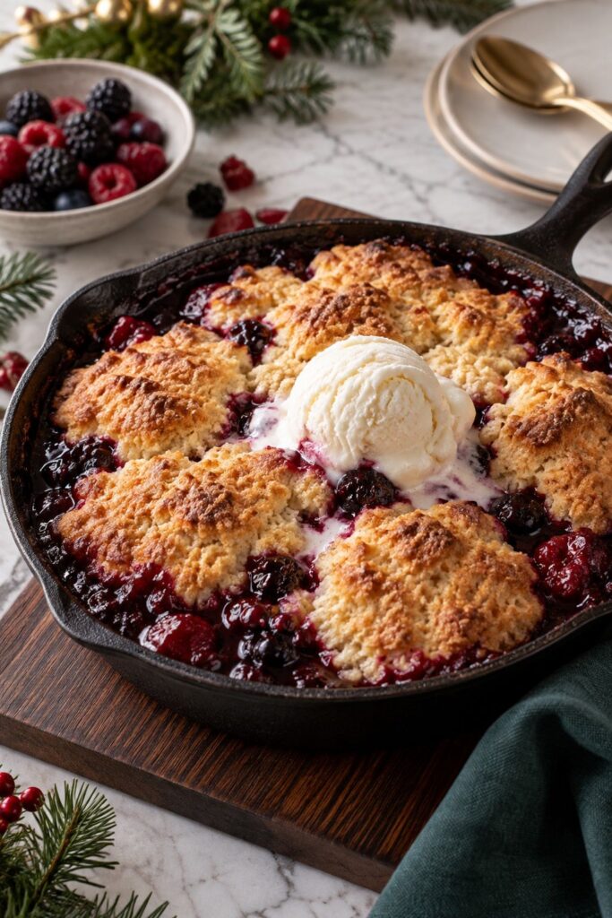 Fruit cobbler baked in a cast iron skillet