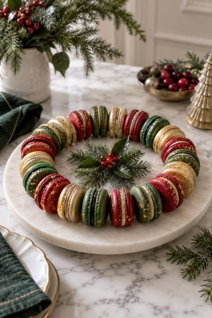 Red, green, and gold macarons arranged in a wreath