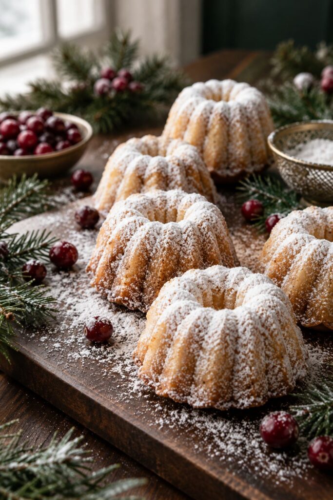 Mini bundt snow cakes dusted with powdered sugar
