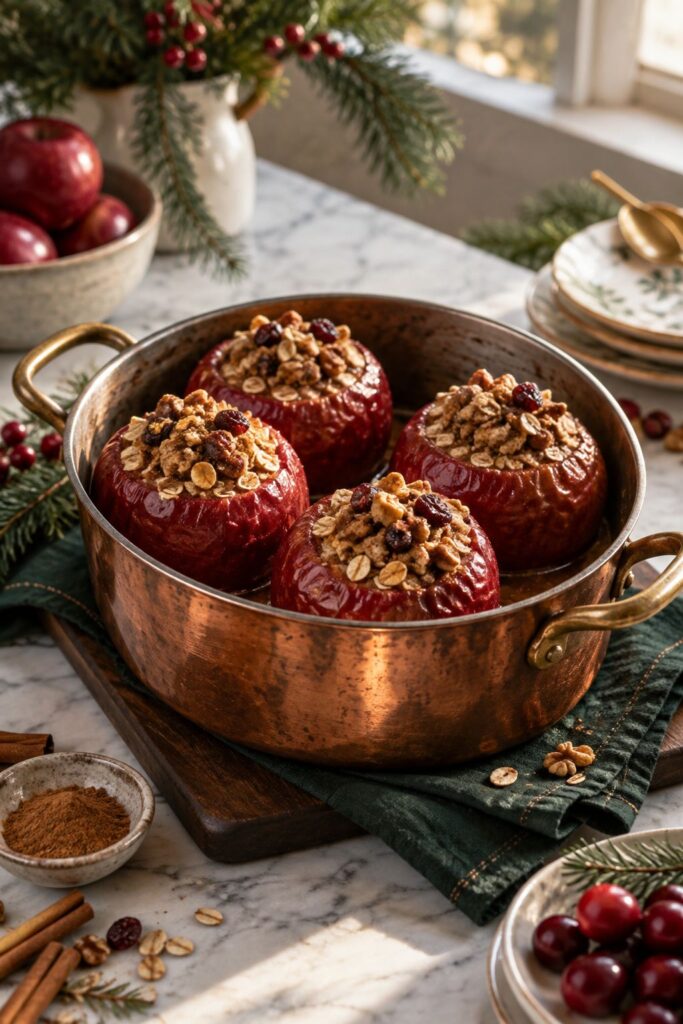 Baked apples served in a vintage copper pot