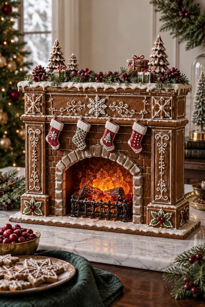 Life-size gingerbread fireplace dessert display