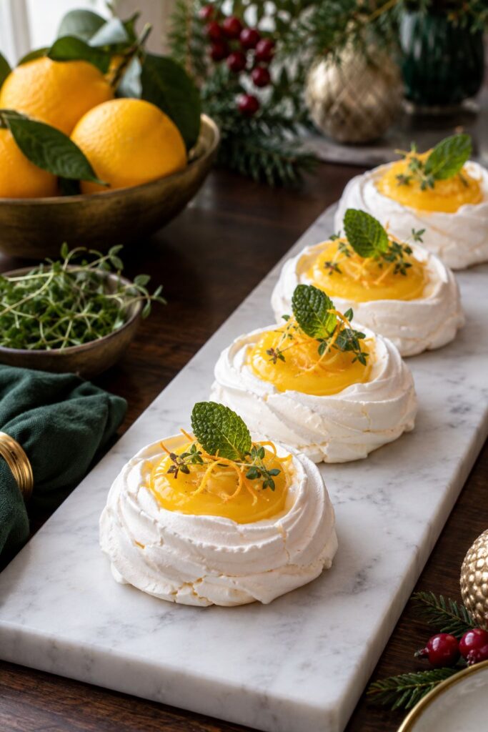Mini pavlova nests filled with bright citrus curd