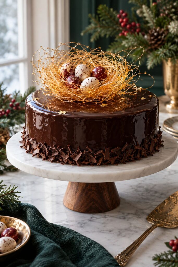 Spun sugar bird's nest dessert on a chocolate cake