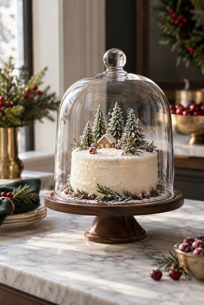 Glass dome terrarium cake with a snowy winter scene