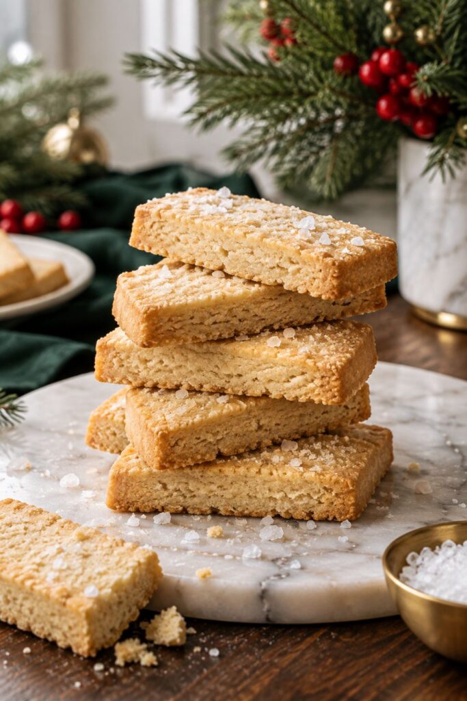 Stacked shortbread cookie tower with flaky salt