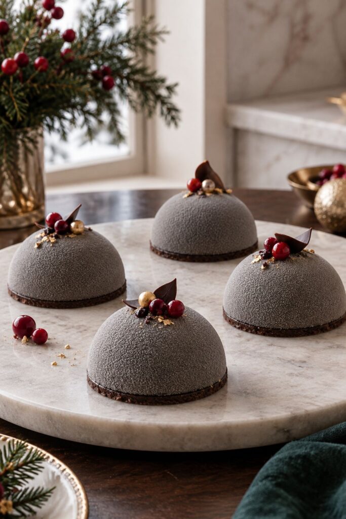 Matte grey velvet-finish individual chocolate mousse domes