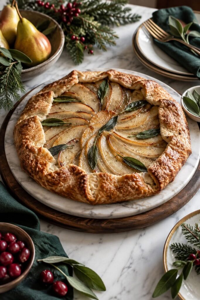 Rustic sage and pear galette with fresh herb garnish