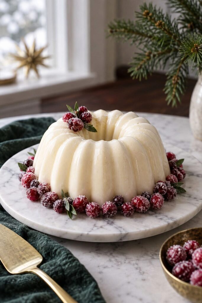 Blanc mange dessert surrounded by sugar-frosted cranberries