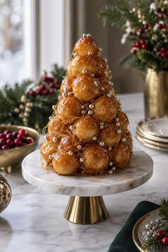 Mini silver dragee croquembouche with spun sugar threads