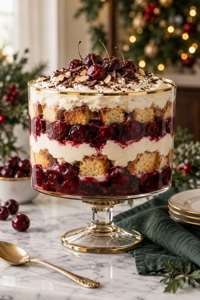 Cherry amaretto trifle layered in a gold-rimmed glass