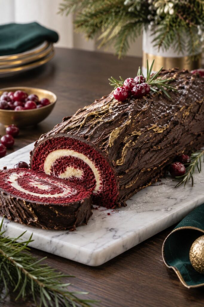 Red velvet yule log cake with gold-dusted chocolate bark texture
