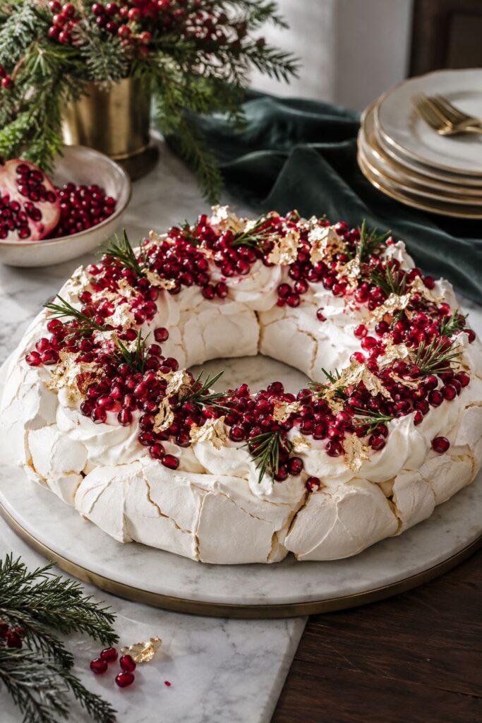 Pomegranate and gold pavlova wreath with meringue and whipped cream