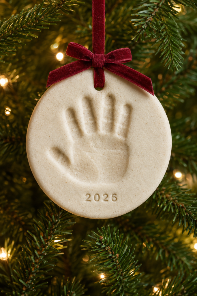 Pale salt-dough handprint ornament with stamped year, hanging from a red ribbon on a Christmas tree