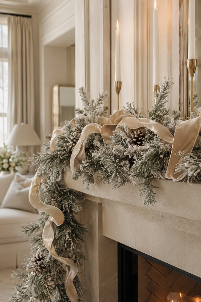 Frosted white pine Christmas garland with velvet ribbon on a mantel