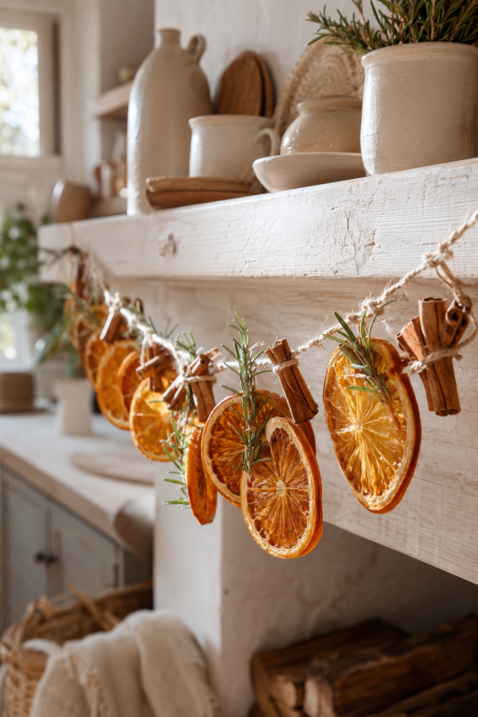 Dried orange slice and cinnamon stick Christmas garland on a rustic mantel