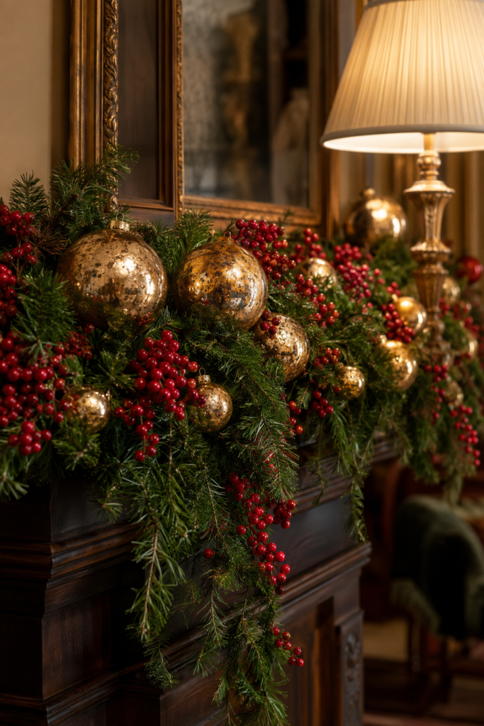 Red berry and gold bauble Christmas mantel garland